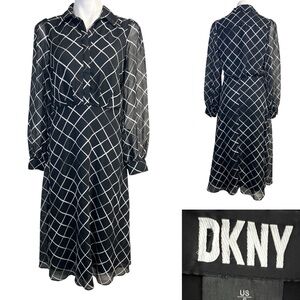 DKNY midi dress size 6 Long Sleeve Black/White window pane print office fall‎